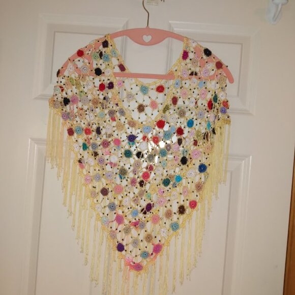 Multi color over the head crochet shawl with yellow fringe. - Picture 1 of 2